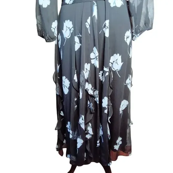 Karl Lagerfeld Paris Black/White Floral Chiffon Midi Dress, Ruffle Hem - 14 - Picture 7 of 9